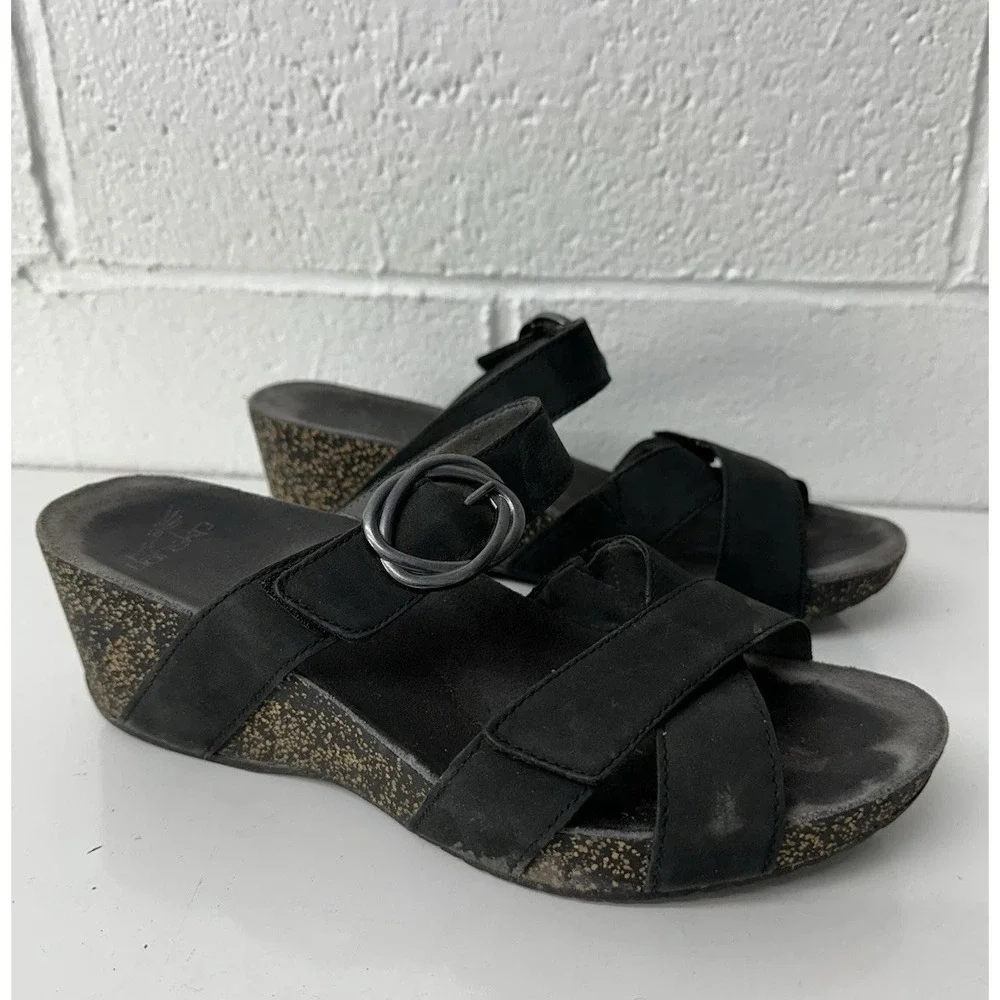 Dansko Susie Sandals Black Nubuck Open Toe Strap Wedge 3420360200 EU41/US10.5-11